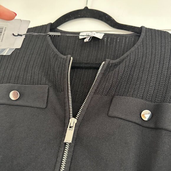 NWT Reiss Emily Knitted Mini Dress Medium in Black Collarless Front Zip w/ Belt - Picture 9 of 11